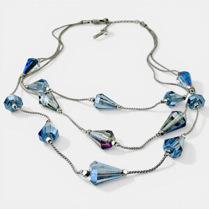 Kenneth Cole Blue Crystal Multi Strand Necklace, Silver Tone Layered Statement